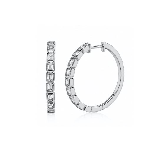 Sterling Silver Emerald Cut Lab Diamond TCW 1.5ct Bezel Set Hoop Earrings (HP-LGD-1004)