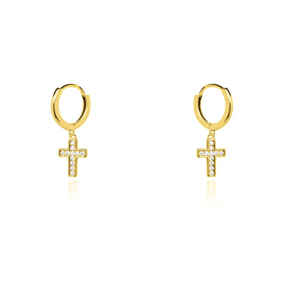 Sterling Silver Gold Vermeil Dangling Cross Huggies Earrings (HUG-1156)