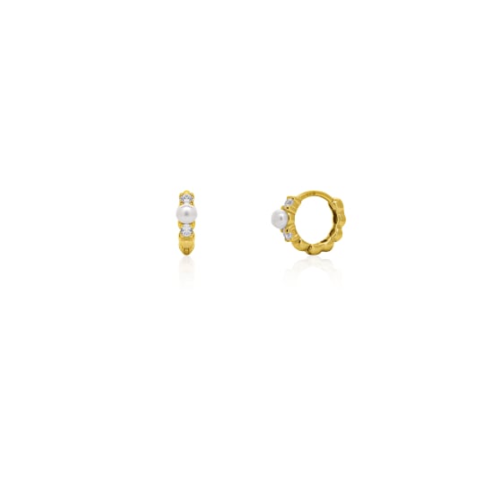 Sterling Silver Gold Vermeil CZ 10mm Pearl Beaded Huggiess Earrings (HUG-1165)