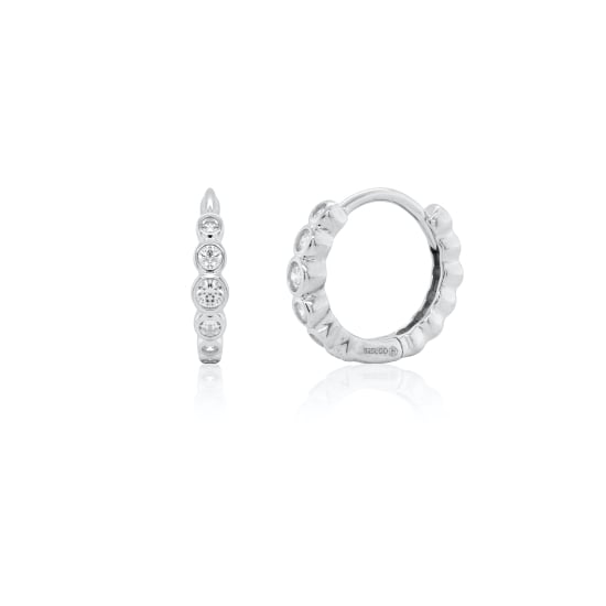 Sterling Silver Rhodium Plated Lab Diamond TCW 0.16ct Bezel Set Huggie Earrings (HUG-LGD-1006-RH)