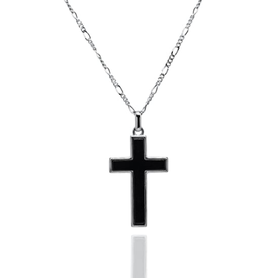 Sterling Silver Rhodium Plated Black Onyx Cross Pendant Necklace (N-1605)