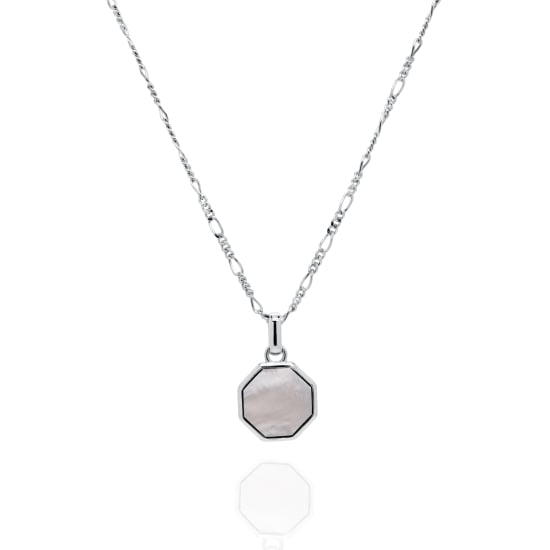 Sterling Silver Rhodium Plated MOP Octagon Tag Pendant Necklace (N-1607)