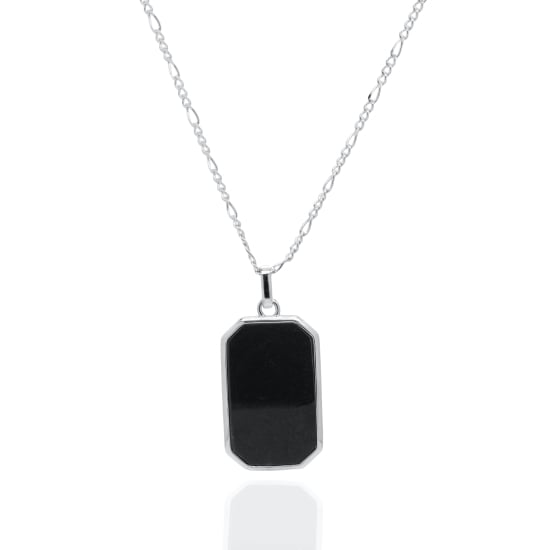 Sterling Silver Rhodium Plated Black Onyx Tag Necklace (N-1609-RH)