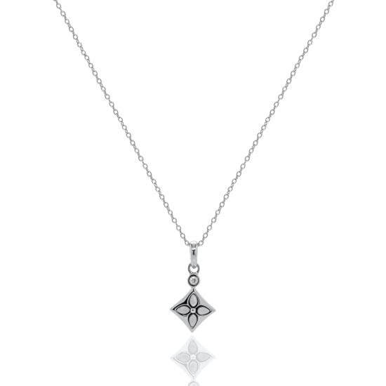 Sterling Silver Rhodium Plated CZ White MOP Clover Necklace (N-1630-W-RH)