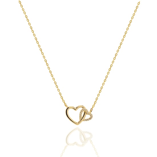Sterling Silver Gold Vermeil Interlocking CZ Pave & Plain Heart Necklace (N-1632)