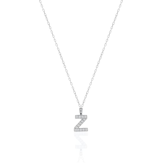Sterling Silver Rhodium Plated CZ Pave Alphabet Necklace (N-1635-RH)