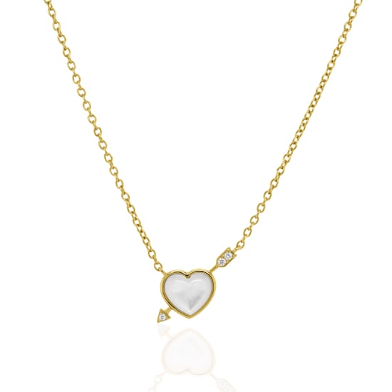 Sterling Silver Gold Vermeil CZ & Mother of Pearl Heart Arrow Necklace(N-1646-G)