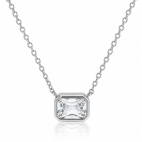 Sterling Silver Emerald Cut CZ Bezel Set Solitaire Necklace (N-1656)