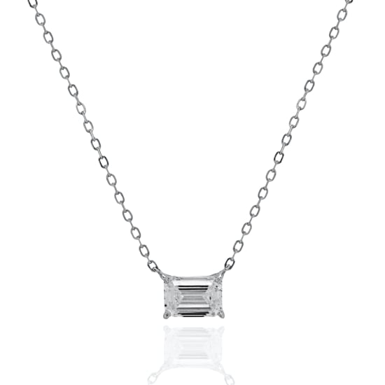 Sterling Silver Rhodium Plated Emerald Cut Lab Diamond TCW 1.0ct 4 Prong Setting Necklace (N-LGD-1004)