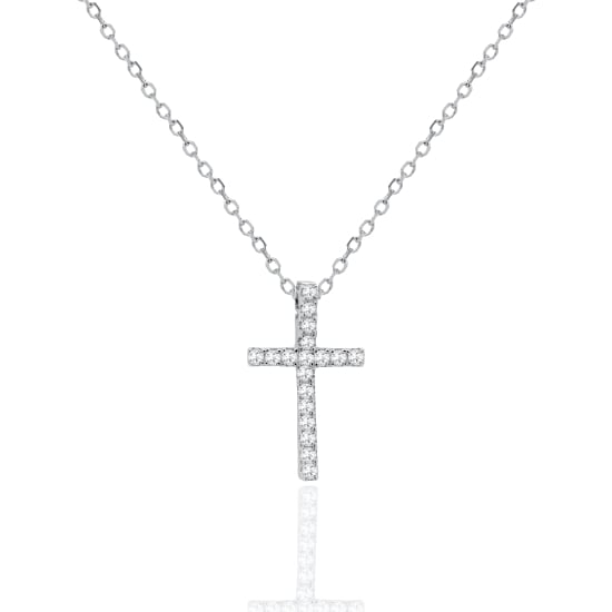 Sterling Silver Rhodium Plated Lab Diamond TCW 0.11ct Pave Cross Necklace (N-LGD-1005-RH)