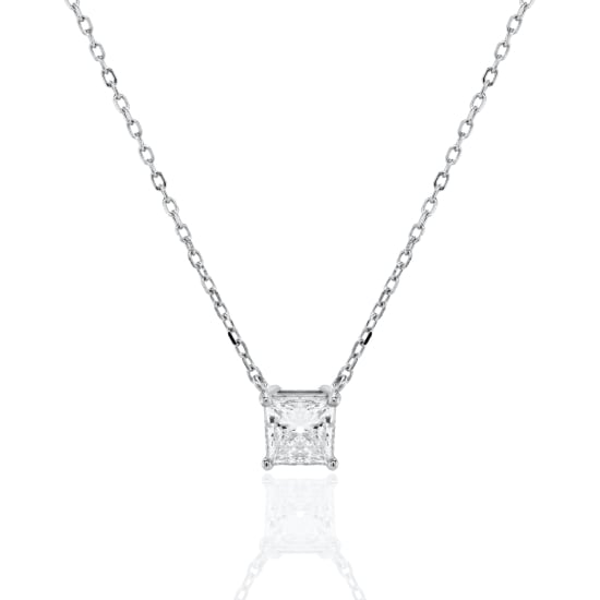 Sterling Silver Rhodium Plated Princess Cut Lab Diamond TCW 1.0ct 4 Prong Setting Soitaire Necklace (N-LGD-1008-RH)