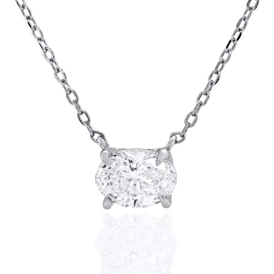 Sterling Silver Rhodium Plated Oval Cut Lab Diamond TCW 1.0ct 4 Prong Setting Solitaire Necklace (N-LGD-1010-RH)