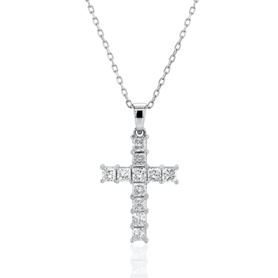 Sterling Silver Rhodium Plated Princess Cut Lab Diamond TCW 1.1ct Cross Necklace (N-LGD-1011-RH)