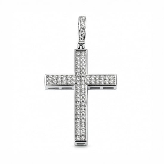 Sterling Silver Rhodium Plated Lab Diamond TCW 0.37ct Pave Hip Hop Cross Pendant (P-LGD-1001-RH)