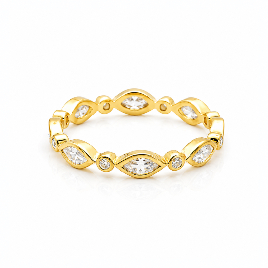  Sterling Silver Gold Vermeil CZ Round and Marquis Cut Band Ring (R-1494-G)