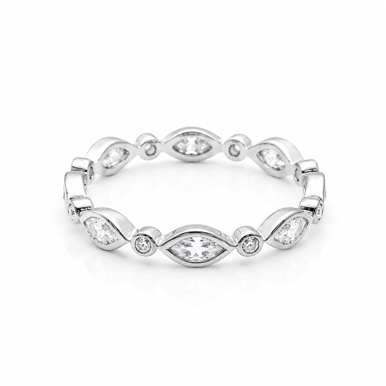 Sterling Silver Rhodium Plated CZ Round and Marquis Cut Band Ring (R-1494)