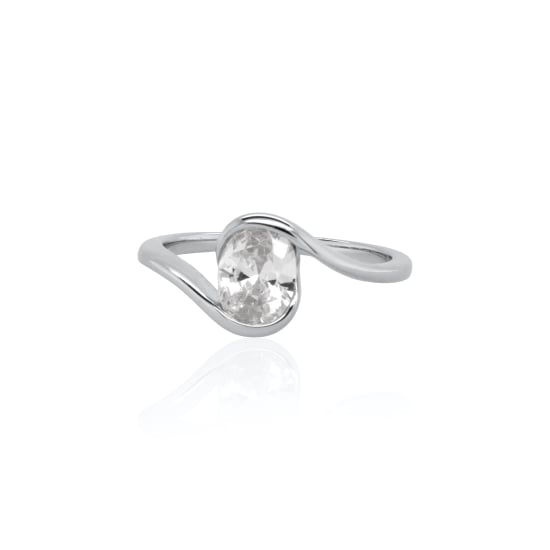 Sterling Silver Rhodium Plated Oval CZ Solitaire Wave Slim Cocktail Ring (R-1674-RH)