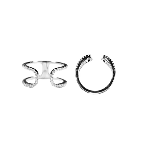 Sterling Silver Rhodium Plated  CZ Double Cuff Ring (R-2376)