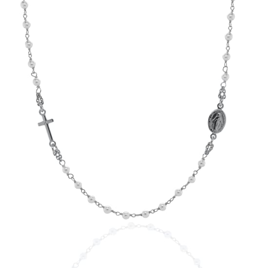 Sterling Silver Rosary Religious Pearl Beaded Necklace (ROS-1017)
