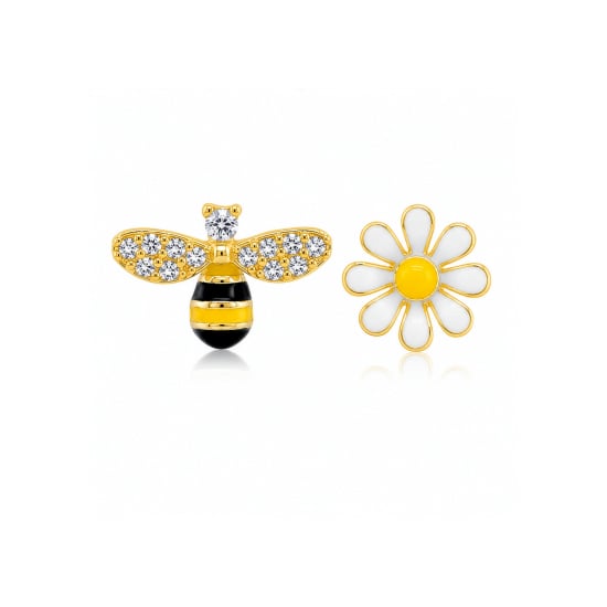 Sterling Silver Gold Vermeil CZ Enamel Bee and Daisy Mis-Matched Studs (ST-1371-G)