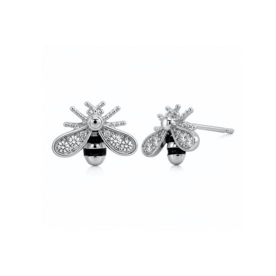 Sterling Silver CZ Black Enamel Bumble Bee Studs(ST-1593)