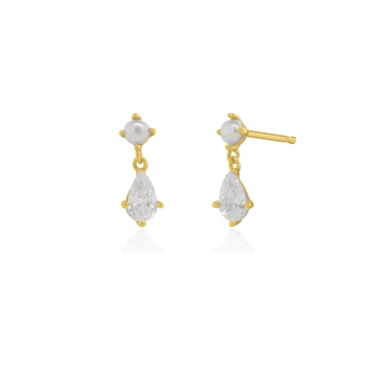 Sterling Silver Gold Vermeil Freshwater & Pear Cut CZ Drop Stud Earrings (ST-1722-G)