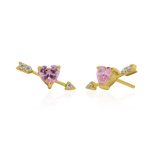 Sterling Silver Gold Vermeil CZ Heart Arrow Stud Earrings (ST-1725-G)