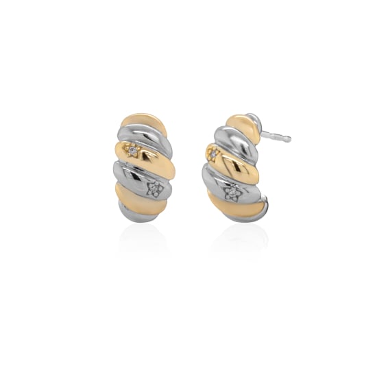 Sterling Silver Two Tones CZ Croissant Stud Earrings (ST-1729-2T)