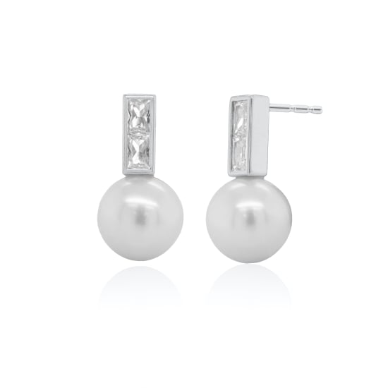 Sterling Silver CZ Bar & Freshwater Pearl Stud Earrings (ST-1731)