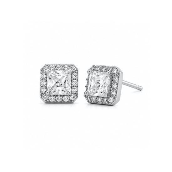 Sterling Silver Asscher Cut CZ Halo Stud Earrings (ST-1738)