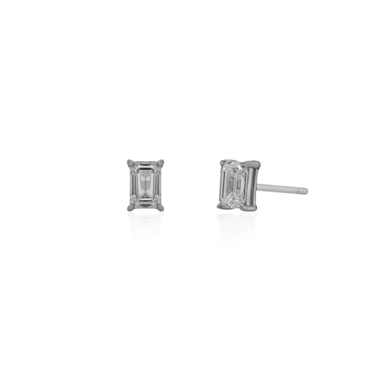 Sterling Silver Rhodium Plated Lab Diamond TCW 1.0ct Emerald Cut Prong Setting Stud Earrings (ST-LGD-1001)