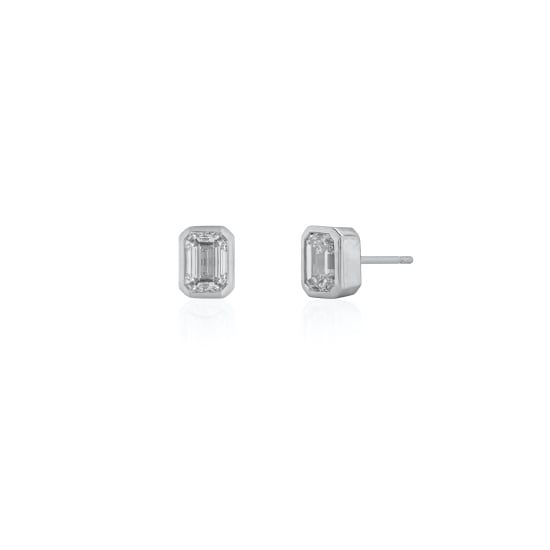 Sterling Silver Rhodium Plated Lab Diamond TWC 1.0ct Emerald Cut Bezel Set Stud Earrings (ST-LGD-1002)