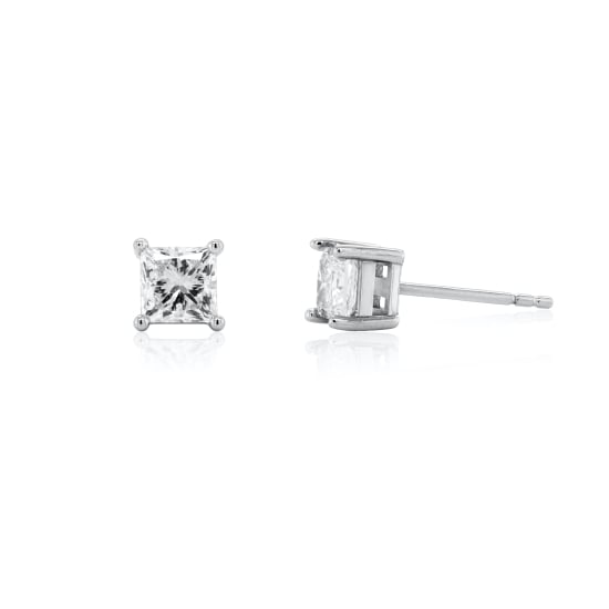 Sterling Silver Rhodium Plated Lab Diamond TCW 1.0ct 4 Prongs Princess Cut Soitaire Stud Earrings (ST-LGD-1005-RH)