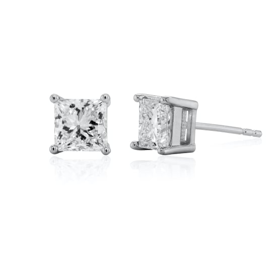 Sterling Silver Rhodium Plated Lab Diamond TCW 2.0ct 4 Prongs Princess Cut Soitaire Stud Earrings (ST-LGD-1006-RH)