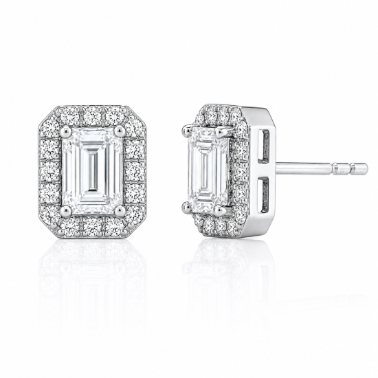 Sterling Silver Rhodium Plated Emerald Cut Lab Diamond TCW 1.3ct Halo Stud Earrings (ST-LGD-1007-RH)