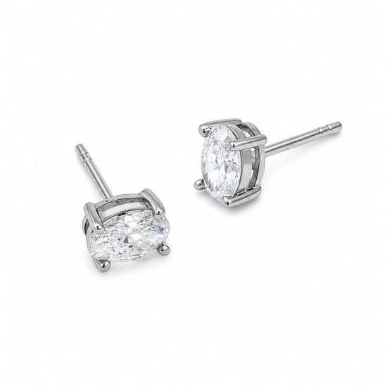 Sterling Silver Rhodium Plated Oval Cut Lab Diamond TCW 1.0ct 4 Prong Setting Solitaire Stud Earrings (ST-LGD-1009-RH)