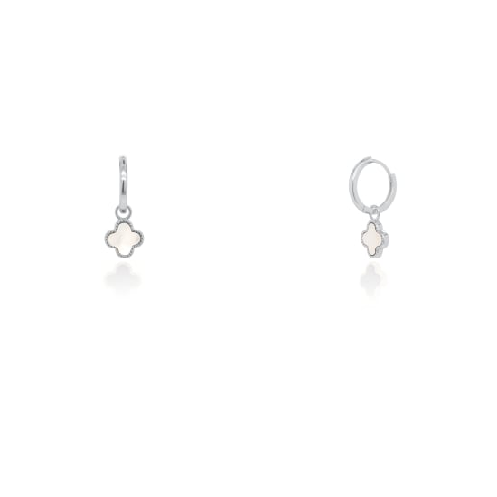 Sterling Silver Designer Inspired Vân Cleef Pearl Shell Clover Huggies Earrings (HUG-1151-W)