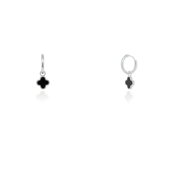 Sterling Silver Designer Inspired Vân Cleef Black Agate Clover Huggies Earrings (HUG-1151-B)