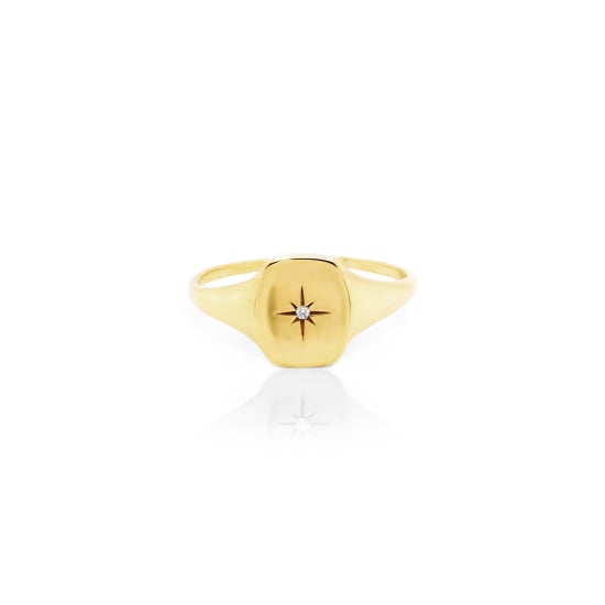 14k Yellow Gold Engraved Star Diamond Signet Ring (GR-14-1006)