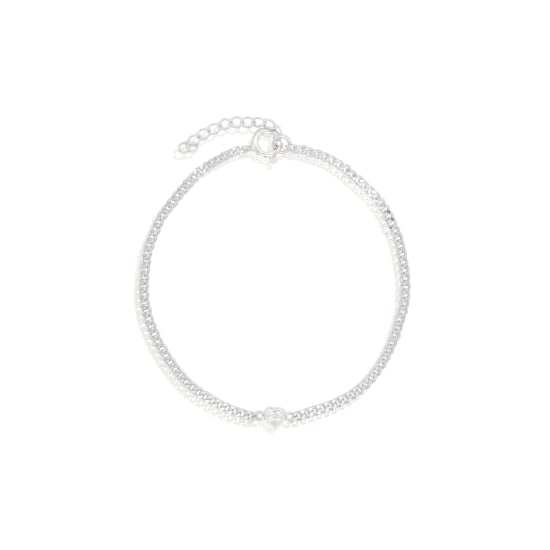 Sterling Silver Solitaire Bezel Set Heart CZ Curb Chain Bracelet (BR-1450)