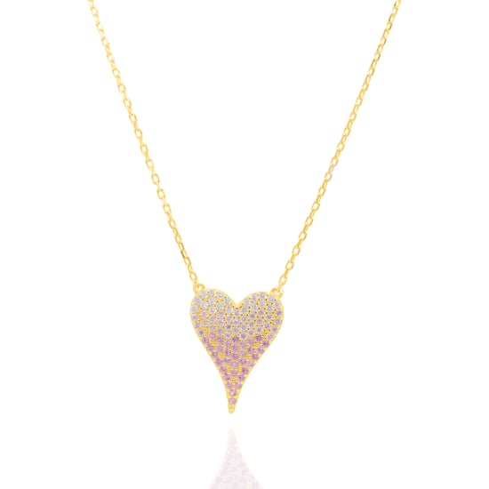 Sterling Silver Gold Vermeil Jumbo Degrade Gradual White Pink CZ Pave Heart Necklace (N-1593)