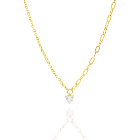 Sterling Silver Gold Vermeil Paperclip Rolo Chain CZ Heart Necklace (N-1594)