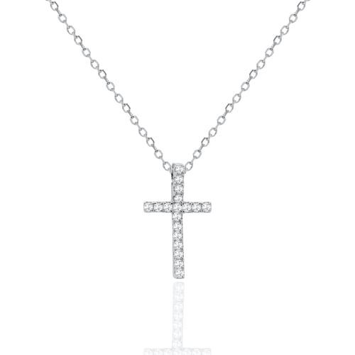 Sterling Silver Rhodium Plated Lab Diamond TCW 0.11ct Pave Cross Necklace (N-LGD-1005-RH)