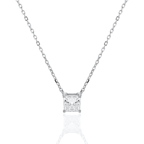 Sterling Silver Rhodium Plated Princess Cut Lab Diamond TCW 1.0ct 4 Prong Setting Soitaire Necklace (N-LGD-1008-RH)