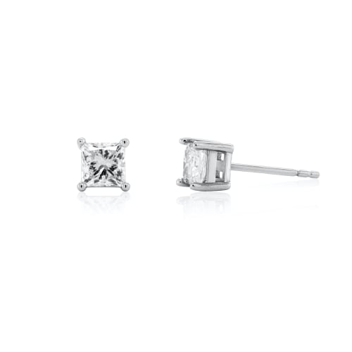 Sterling Silver Rhodium Plated Princess Cut Lab Diamond TCW 1.0ct 4 Prong Setting Solitaire Stud Earrings (ST-LGD-1005-RH)