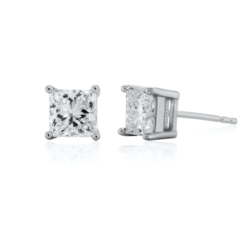 Sterling Silver Rhodium Plated Princess Cut Lab Diamond TCW 2.0ct 4 Prong Setting Solitaire Stud Earrings (ST-LGD-1006-RH)